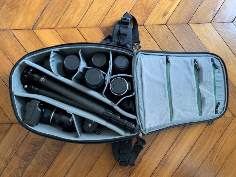 FLM CP-38 L5 II tripod, carbon-aluminum hybrid construction, packed in a back pack.